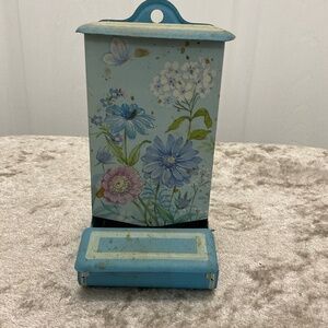 Vintage Jasco Blue Tin Match Box Holder with Floral Design
